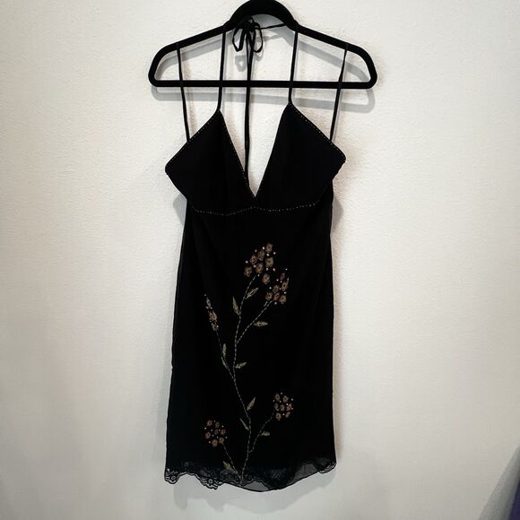 Vtg Y2K Floral Deep V Neck Womens Dress 100% Silk Empire Style Beaded Size 14 - Picture 1 of 8